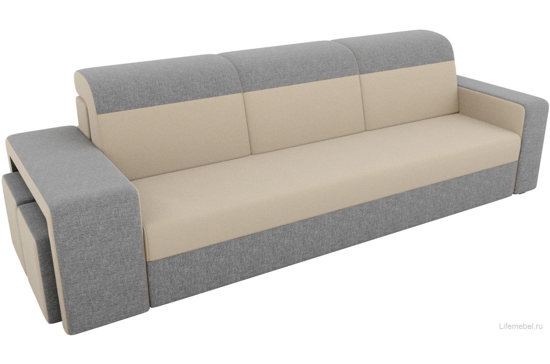 Диван Мустанг прямой с двумя пуфами рогожка бежевый / серый