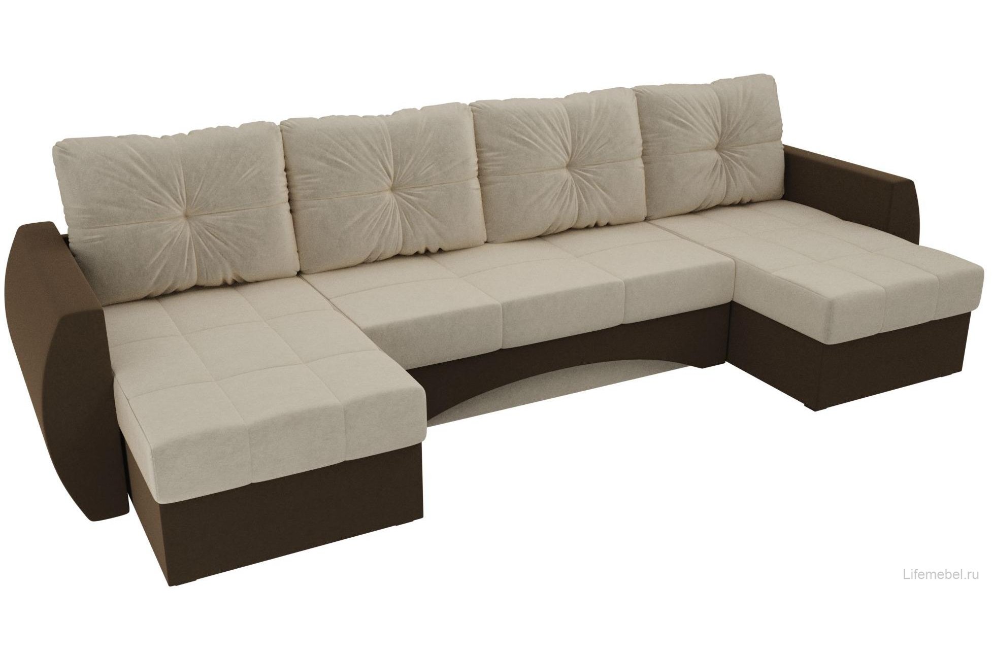 Диван Сатурн микровельвет бежевый / коричневый П-образный
