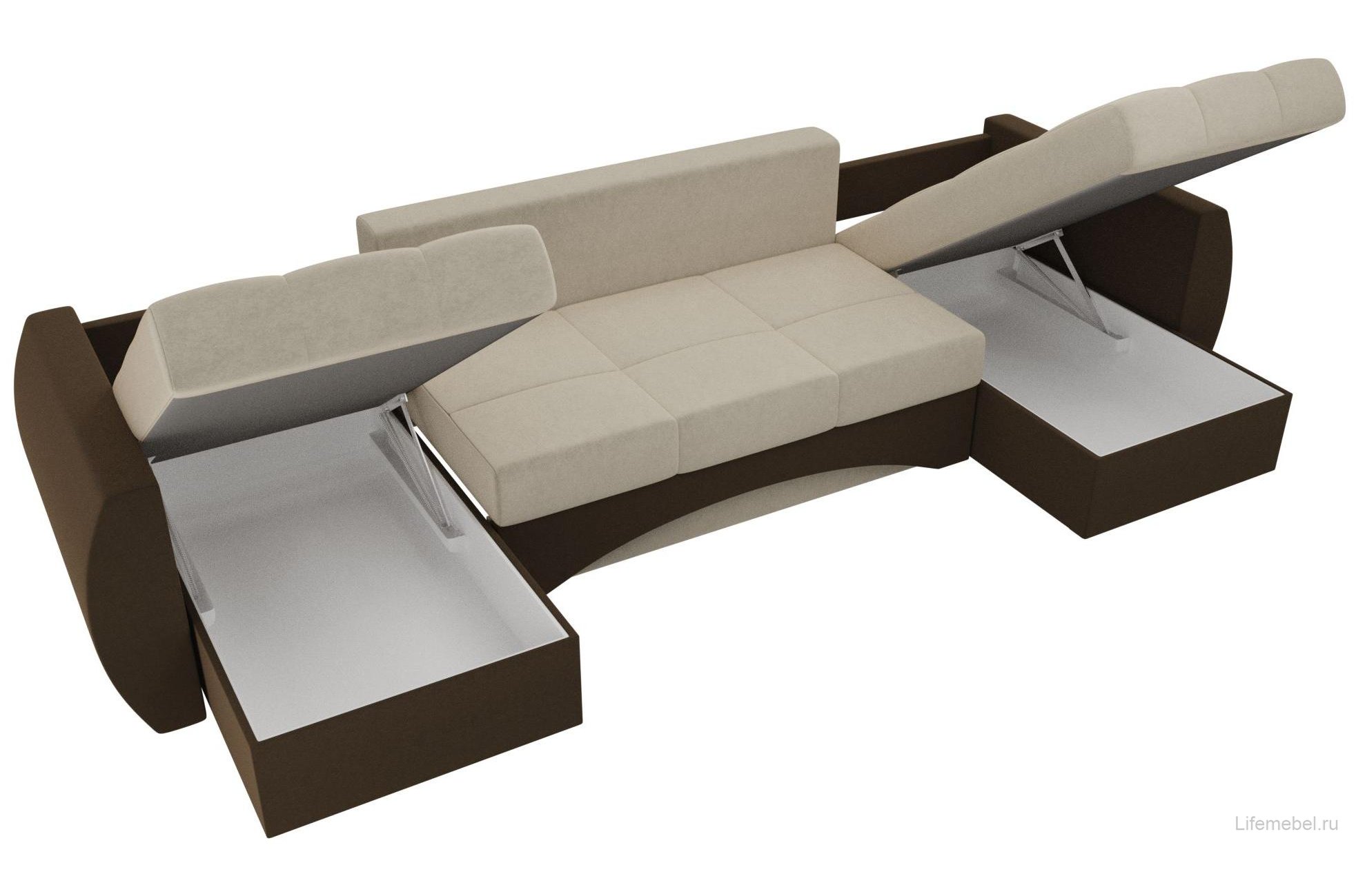Диван Сатурн микровельвет бежевый / коричневый П-образный