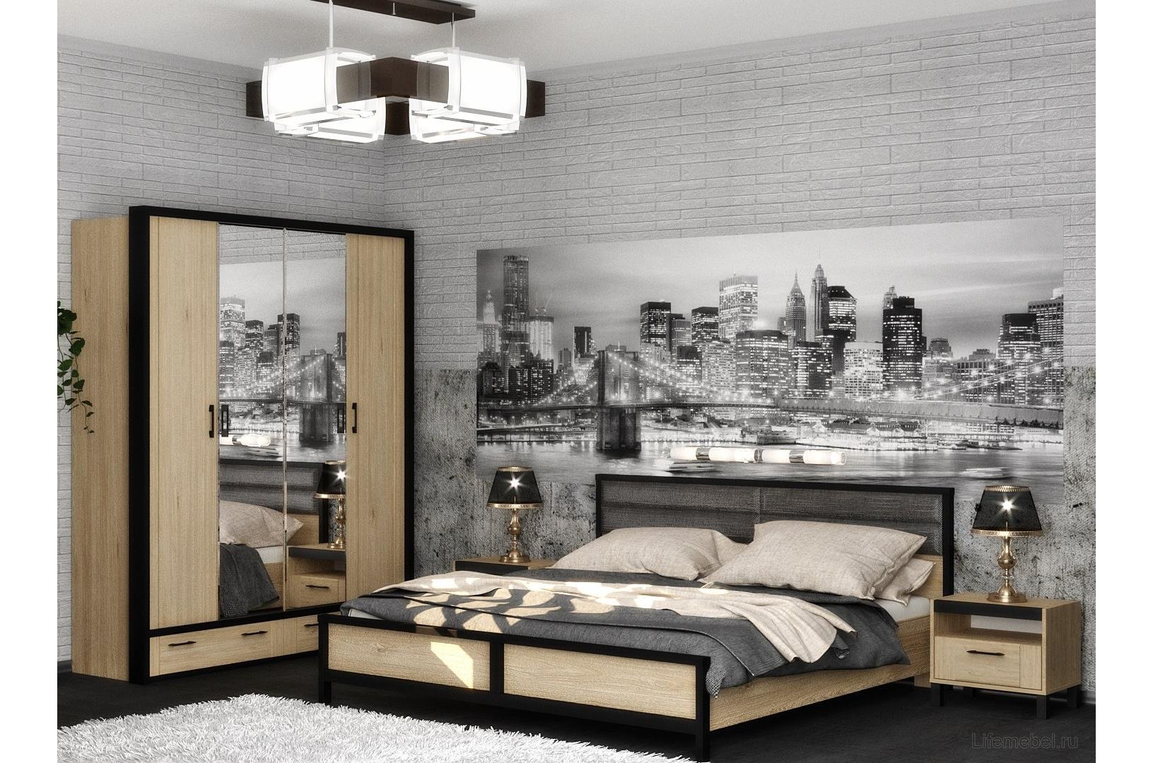 Шкаф Бостон четырехдверный с двумя зеркалами и обкладкой гикори джексон