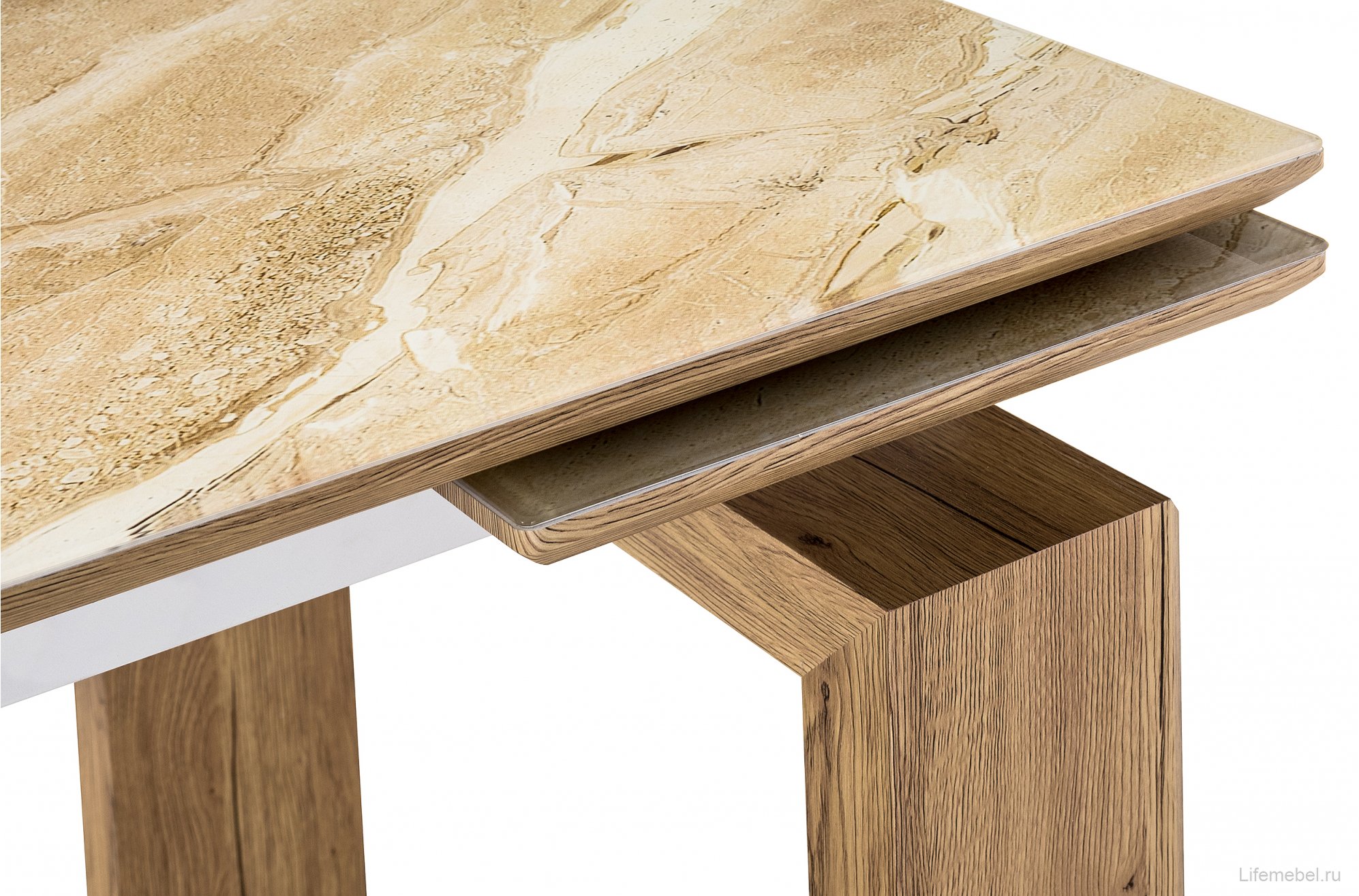 Стеклянный стол Давос бежевый мрамор / дуб монтана