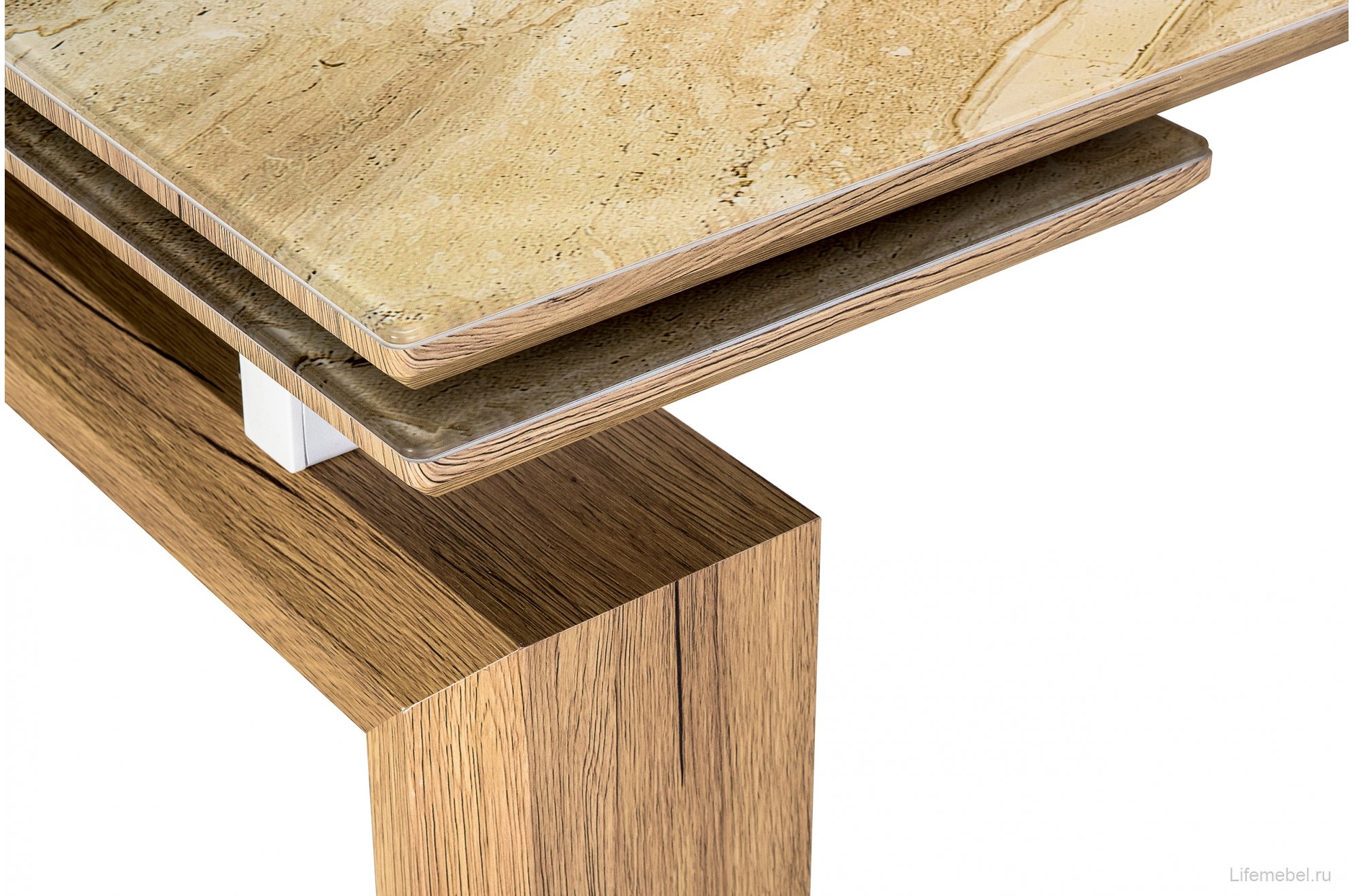 Стеклянный стол Давос бежевый мрамор / дуб монтана