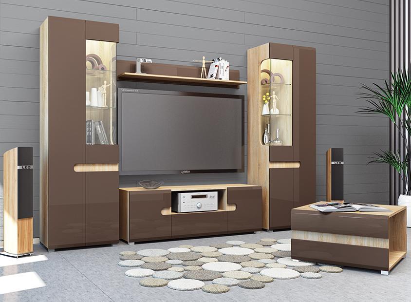 Гостиная Леонардо дуб сонома / светло-коричневый глянец (комплекция 1)  