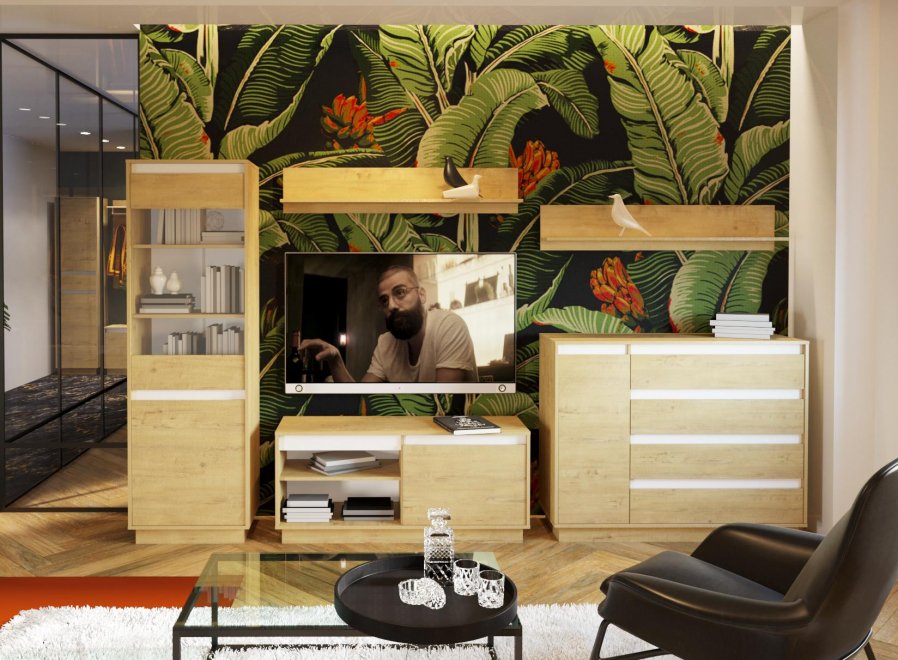 Модульная гостиная Virginia комплектация 2 белый скандинавский / дуб бунратти