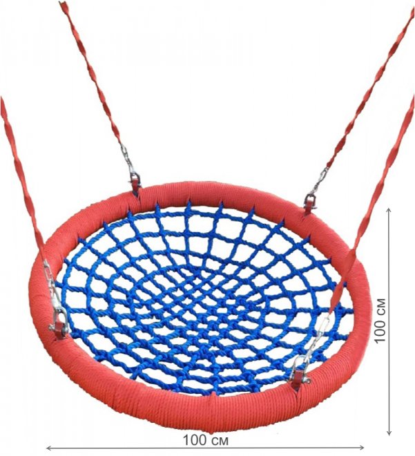 Качели-гнездо HIT100tc круглые с толстым ободом и толстой сеткой 100 см на цепях и подшипниках обмотка красная / сетка синяя