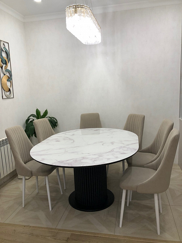 Стеклянный стол Фостер 120(160)х120х76 серый мрамор / черный фото покупателя 86